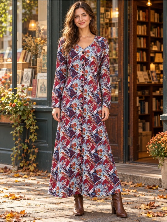 Erika Dresses & Skirts - Vintage Erika Burgundy Paisley Button-Front Lace-Up Back Long Sleeve Maxi Dress
